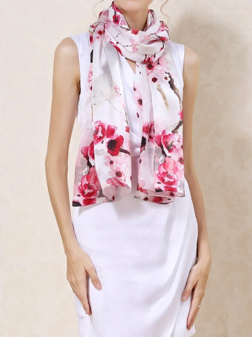 100% Silk Scarf, Oblong, Cherry Blossoms, White